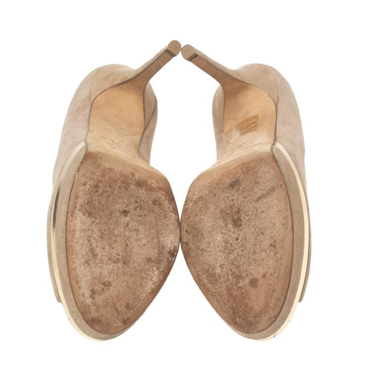 Pre Owned Jimmy Choo Beige Suede Peep-Toe Torte Platform Pumps Size 38