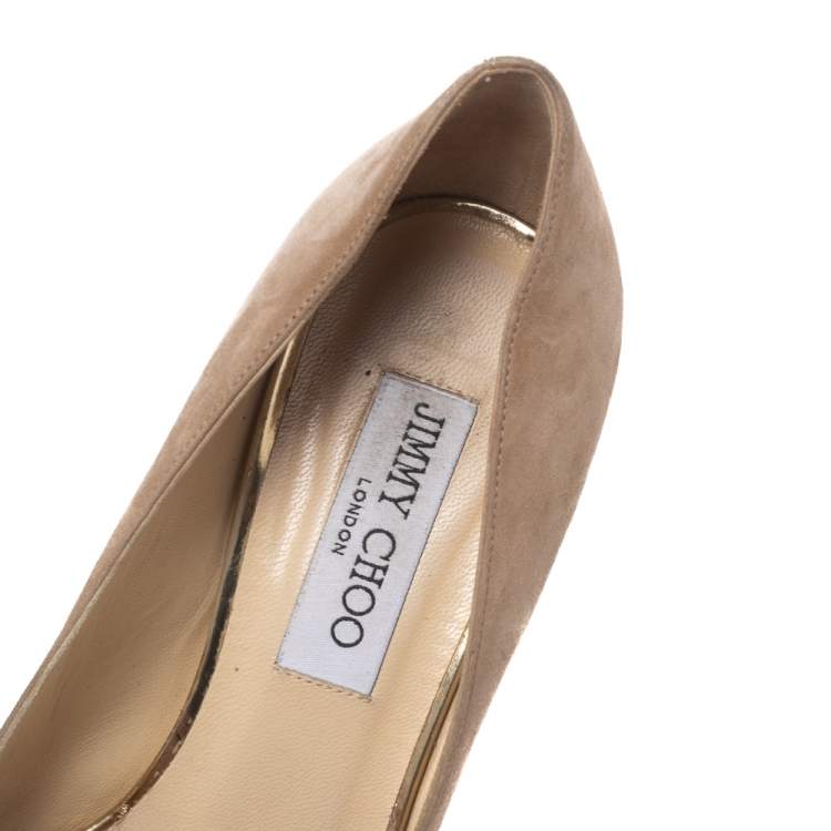 Pre Owned Jimmy Choo Beige Suede Peep-Toe Torte Platform Pumps Size 38