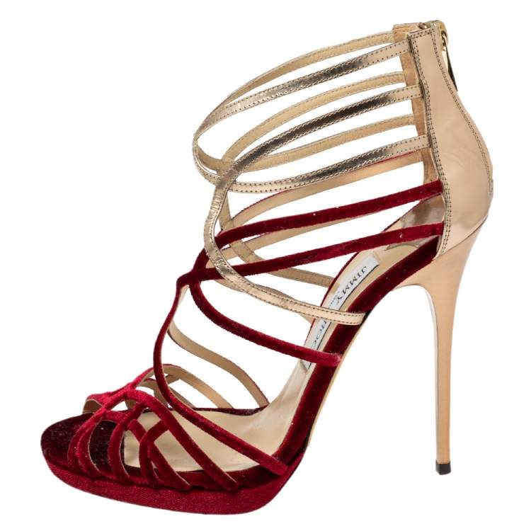 Pre Owned Jimmy Choo Burgundy/Gold Velvet and Leather Maury Strappy Sandals Size 39