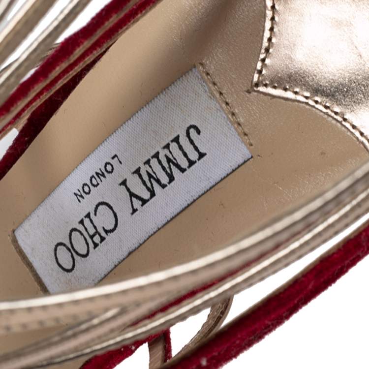 Pre Owned Jimmy Choo Burgundy/Gold Velvet and Leather Maury Strappy Sandals Size 39