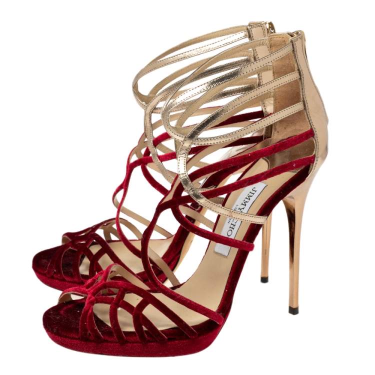 Pre Owned Jimmy Choo Burgundy/Gold Velvet and Leather Maury Strappy Sandals Size 39