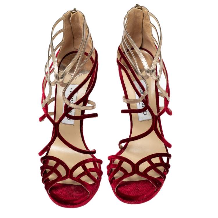 Pre Owned Jimmy Choo Burgundy/Gold Velvet and Leather Maury Strappy Sandals Size 39