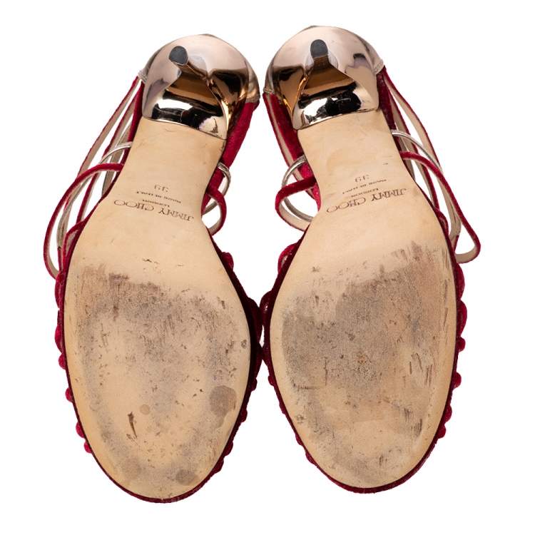 Pre Owned Jimmy Choo Burgundy/Gold Velvet and Leather Maury Strappy Sandals Size 39