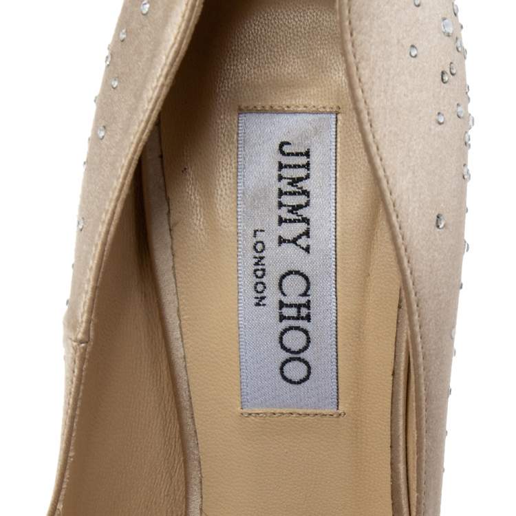 Pre Owned Jimmy Choo Beige Crystal Embellished Satin Peep-Toe Platform Pumps Size 39 