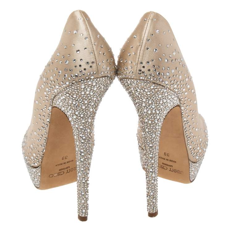 Pre Owned Jimmy Choo Beige Crystal Embellished Satin Peep-Toe Platform Pumps Size 39 