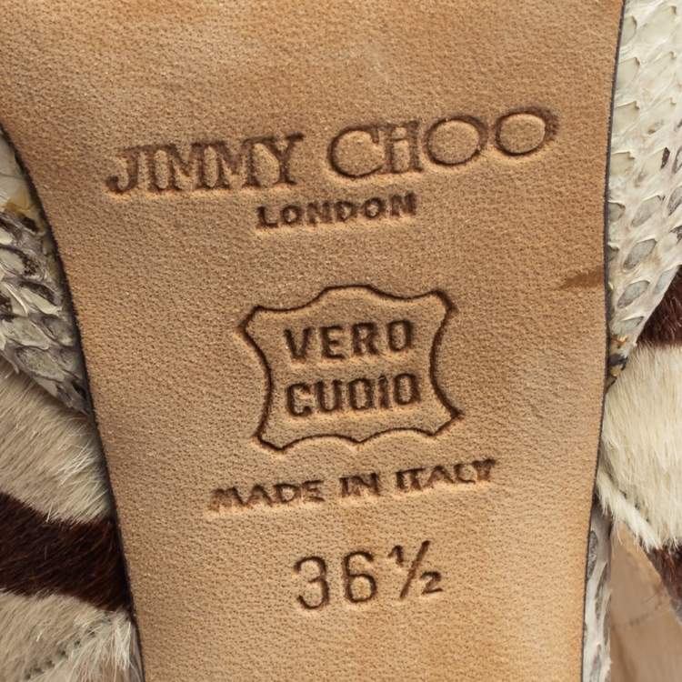 Pre Owned Jimmy Choo Beige/Brown Python Leather And  Pony Hair Ankle Strap Sandals Size 36.5