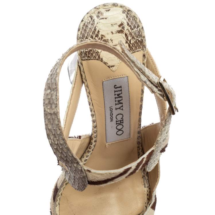 Pre Owned Jimmy Choo Beige/Brown Python Leather And  Pony Hair Ankle Strap Sandals Size 36.5