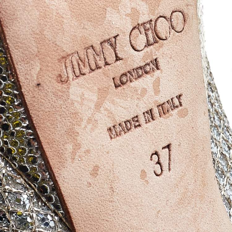 Pre Owned Jimmy Choo Metallic Champagne Lamè Glitter Fabric Dahlia Platform Peep Toe Pumps Size 37