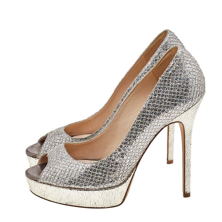 Pre Owned Jimmy Choo Metallic Champagne Lamè Glitter Fabric Dahlia Platform Peep Toe Pumps Size 37