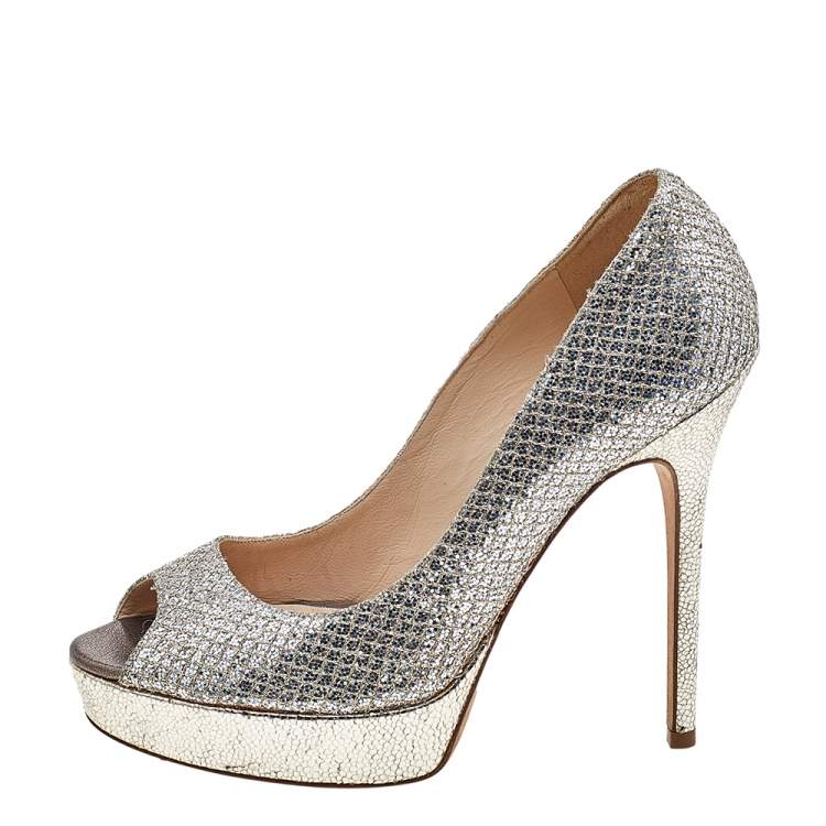 Pre Owned Jimmy Choo Metallic Champagne Lamè Glitter Fabric Dahlia Platform Peep Toe Pumps Size 37