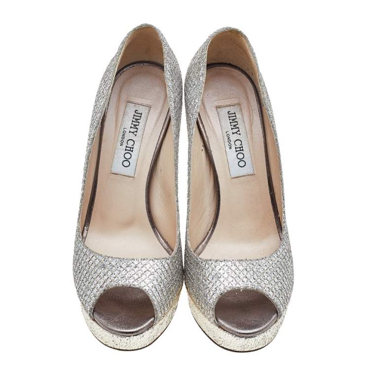Pre Owned Jimmy Choo Metallic Champagne Lamè Glitter Fabric Dahlia Platform Peep Toe Pumps Size 37