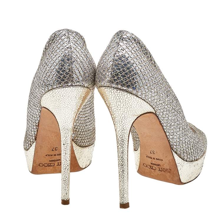 Pre Owned Jimmy Choo Metallic Champagne Lamè Glitter Fabric Dahlia Platform Peep Toe Pumps Size 37