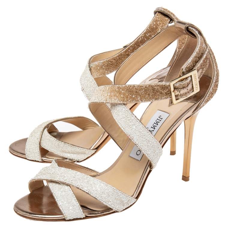 Pre Owned Jimmy Choo White/Bronze Coarse Glitter Lottie Ankle-Strap Sandals Size 39.5