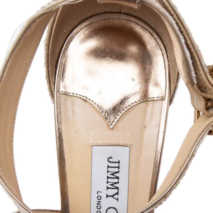 Pre Owned Jimmy Choo White/Bronze Coarse Glitter Lottie Ankle-Strap Sandals Size 39.5