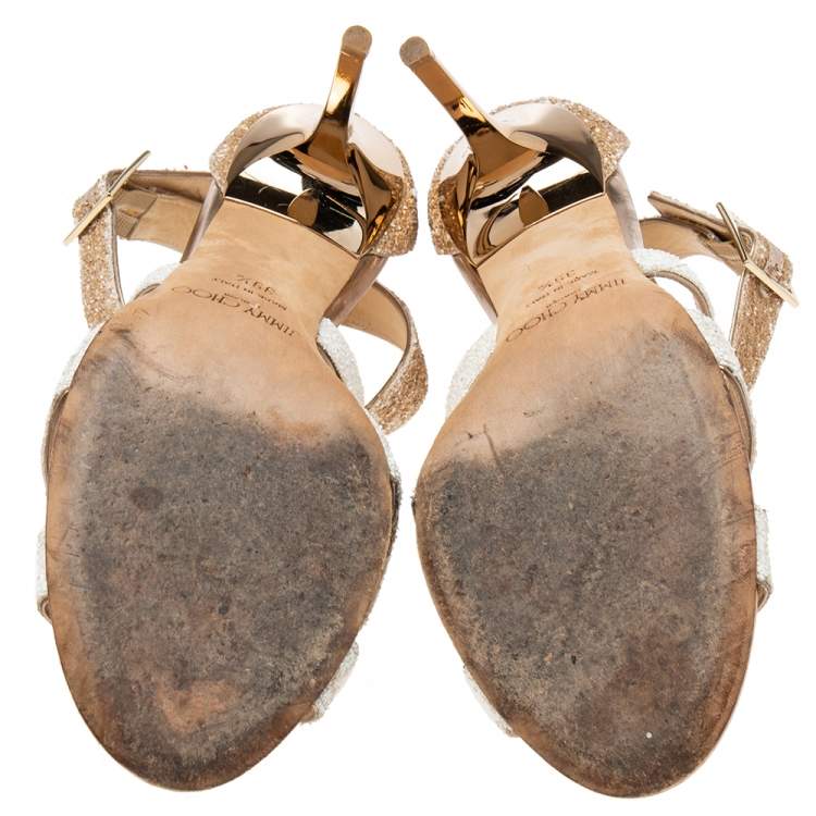 Pre Owned Jimmy Choo White/Bronze Coarse Glitter Lottie Ankle-Strap Sandals Size 39.5