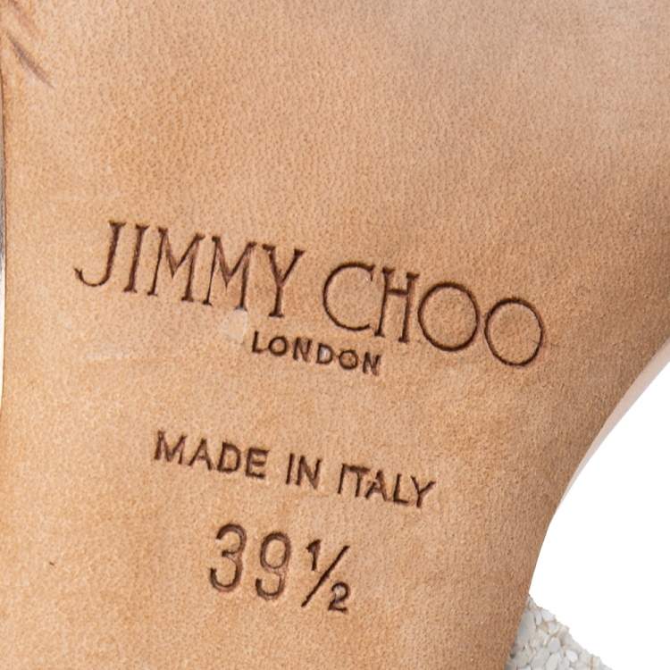 Pre Owned Jimmy Choo White/Bronze Coarse Glitter Lottie Ankle-Strap Sandals Size 39.5