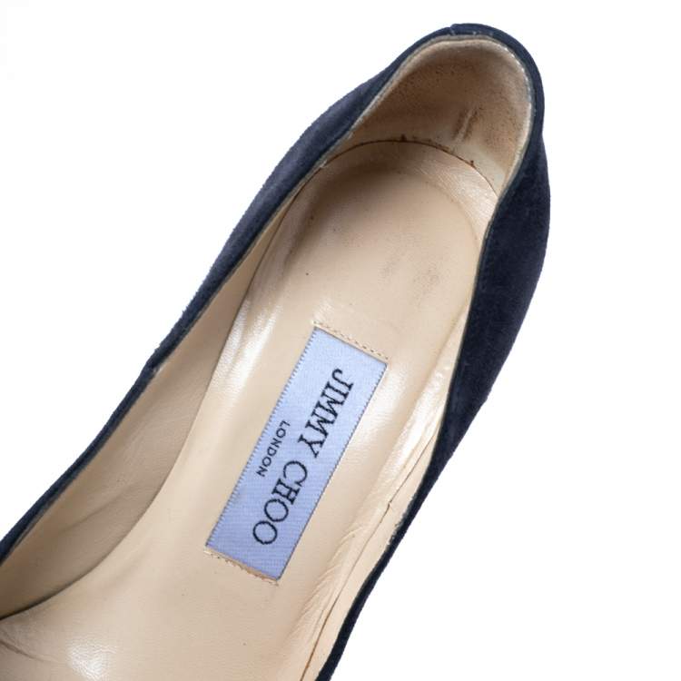 Pre Owned Jimmy Choo Dark Navy Blue Suede Jenara Platform Pumps Size 36.5 