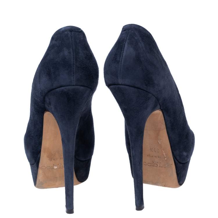Pre Owned Jimmy Choo Dark Navy Blue Suede Jenara Platform Pumps Size 36.5 