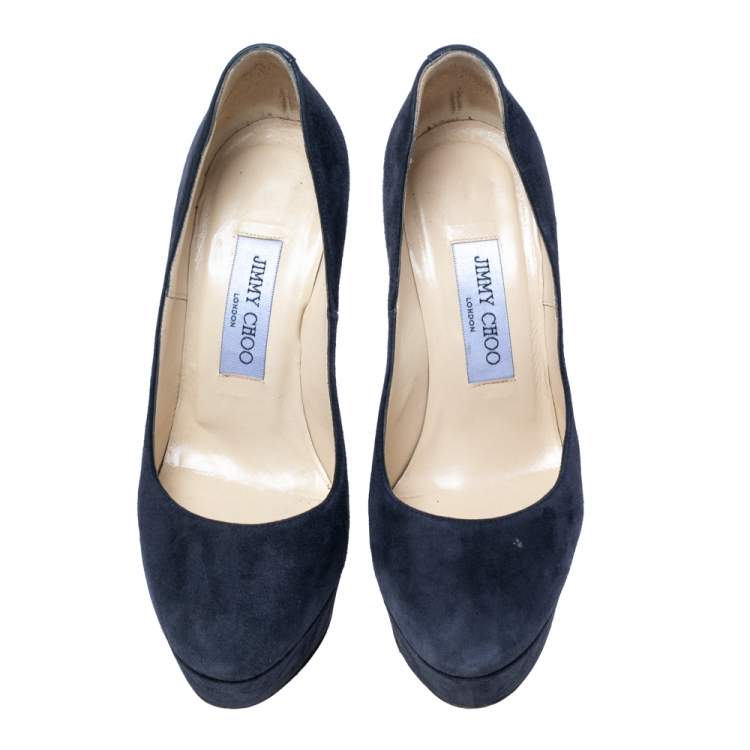 Pre Owned Jimmy Choo Dark Navy Blue Suede Jenara Platform Pumps Size 36.5 