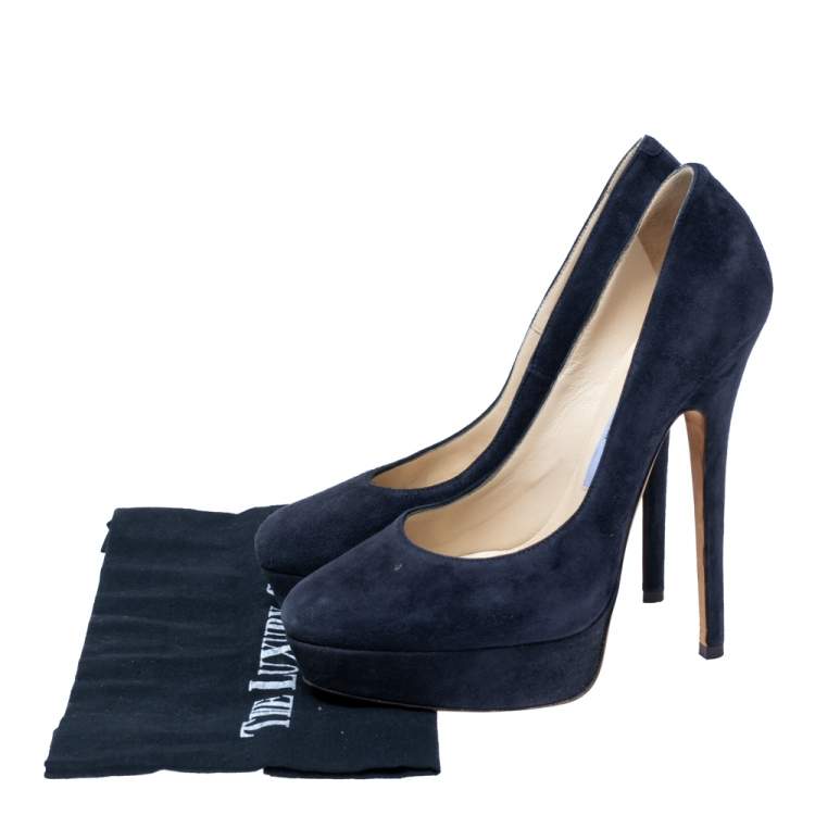 Pre Owned Jimmy Choo Dark Navy Blue Suede Jenara Platform Pumps Size 36.5 