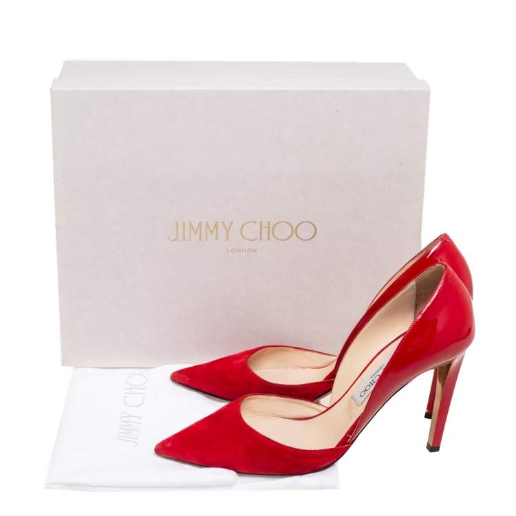 Pre Owned Jimmy Choo Red Patent Leather And Suede Darylin Pumps Size 38