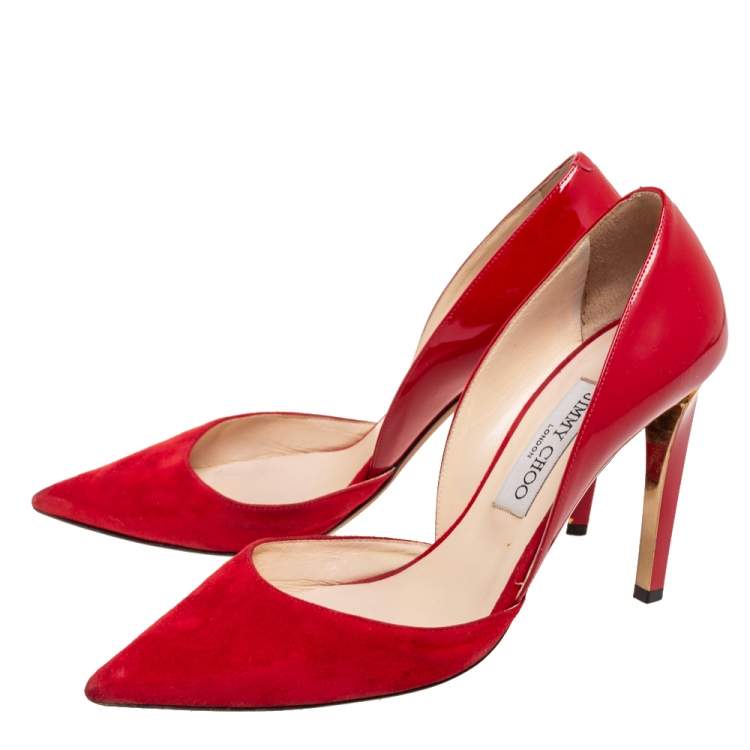 Pre Owned Jimmy Choo Red Patent Leather And Suede Darylin Pumps Size 38