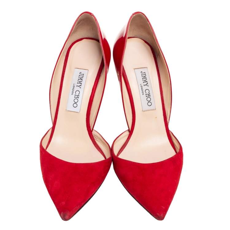 Pre Owned Jimmy Choo Red Patent Leather And Suede Darylin Pumps Size 38