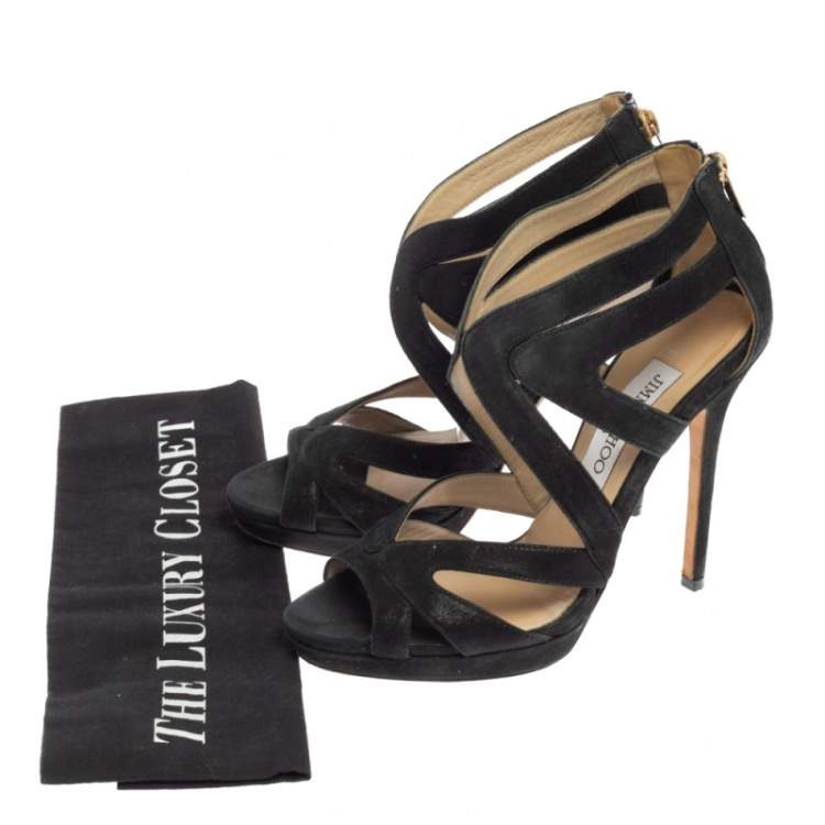 Pre Owned Jimmy Choo Black Glitter Suede Cutout Collar Peep-Toe Sandals Size 36.5