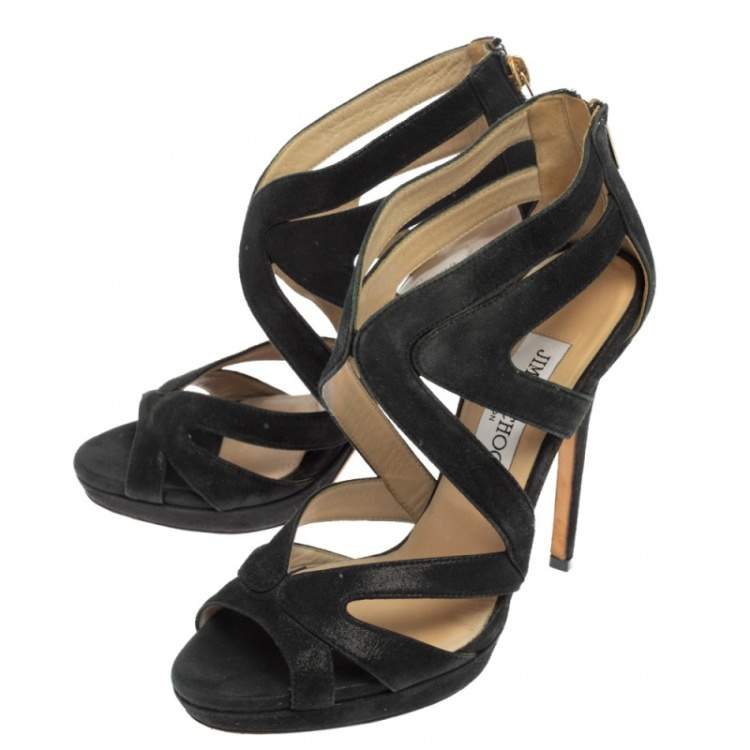 Pre Owned Jimmy Choo Black Glitter Suede Cutout Collar Peep-Toe Sandals Size 36.5