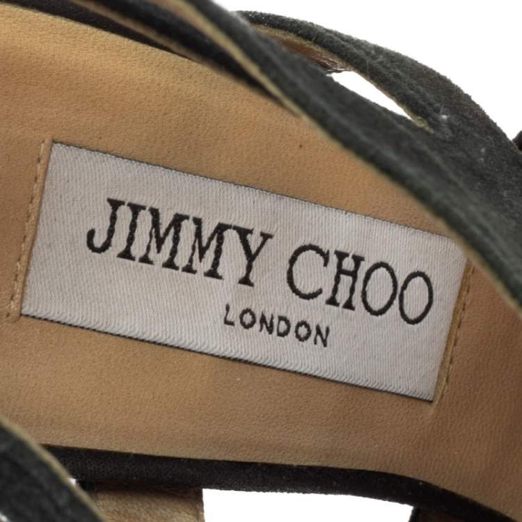 Pre Owned Jimmy Choo Black Glitter Suede Cutout Collar Peep-Toe Sandals Size 36.5