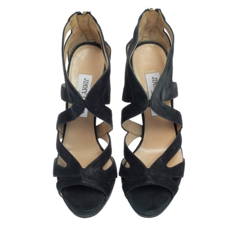 Pre Owned Jimmy Choo Black Glitter Suede Cutout Collar Peep-Toe Sandals Size 36.5