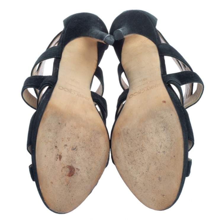 Pre Owned Jimmy Choo Black Glitter Suede Cutout Collar Peep-Toe Sandals Size 36.5