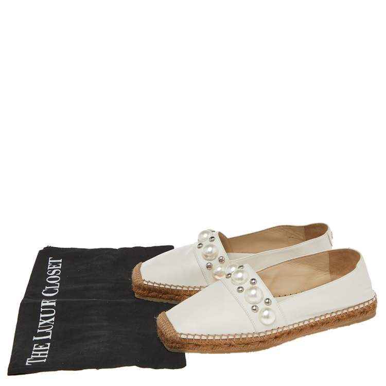 مملوكة مسبقًا Jimmy Choo White Leather Embellished  Espadrille Flats Size 36.5