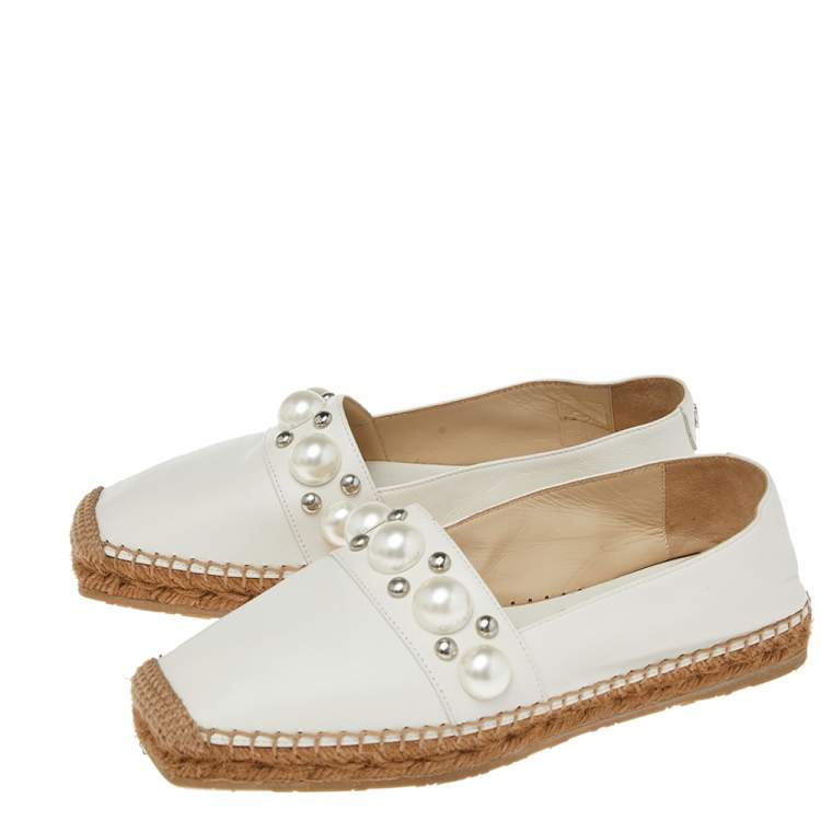 مملوكة مسبقًا Jimmy Choo White Leather Embellished  Espadrille Flats Size 36.5