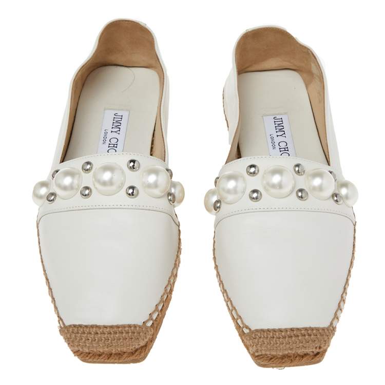 مملوكة مسبقًا Jimmy Choo White Leather Embellished  Espadrille Flats Size 36.5