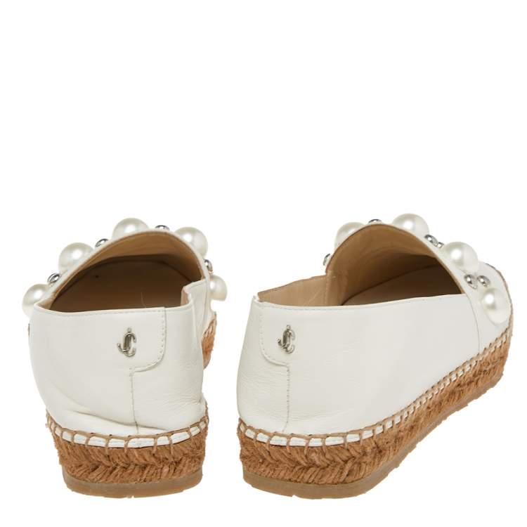 مملوكة مسبقًا Jimmy Choo White Leather Embellished  Espadrille Flats Size 36.5