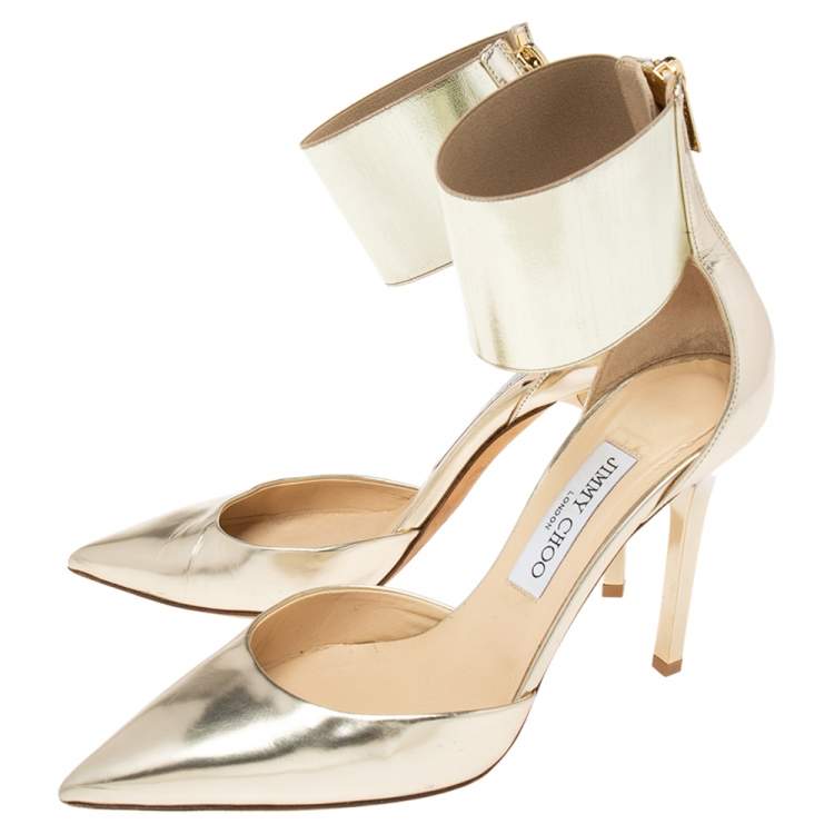 Pre Owned Jimmy Choo Gold Leather Ankle-Cuff Pumps Size 38.5