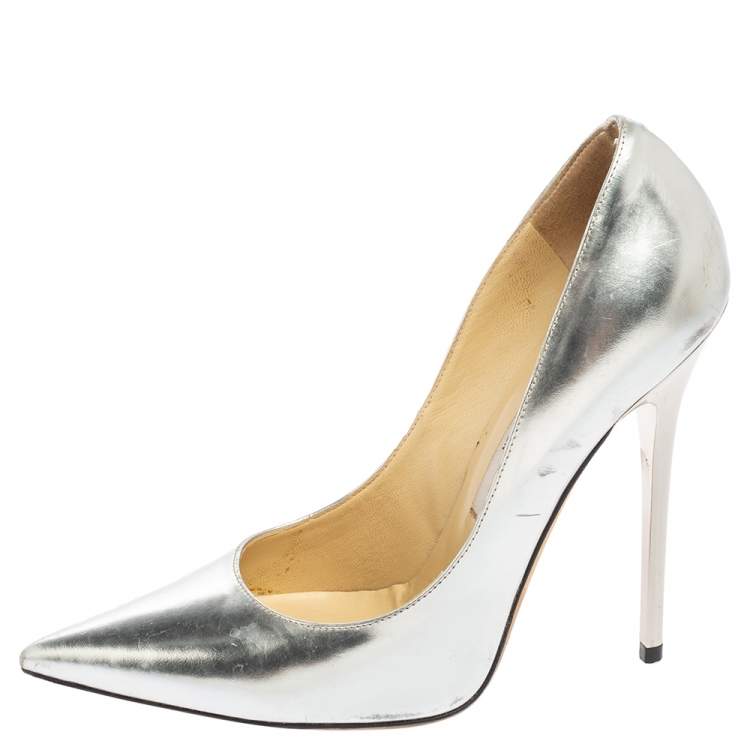 Pre Owned Jimmy Choo Silver Leather Romy Pumps Size 37.5