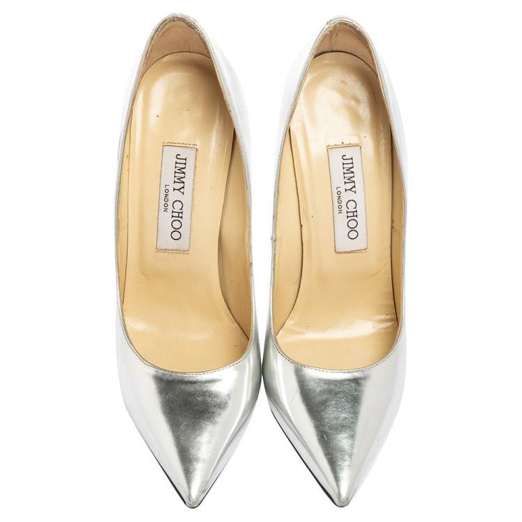 Pre Owned Jimmy Choo Silver Leather Romy Pumps Size 37.5