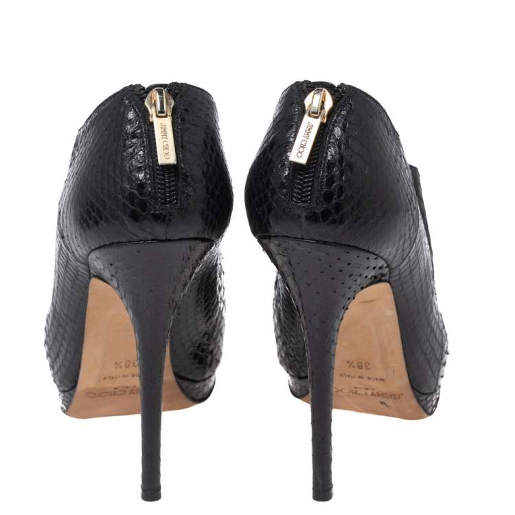 Pre Owned Jimmy Choo Black Python Leather Peep-Toe Ankle Booties Size 38.5