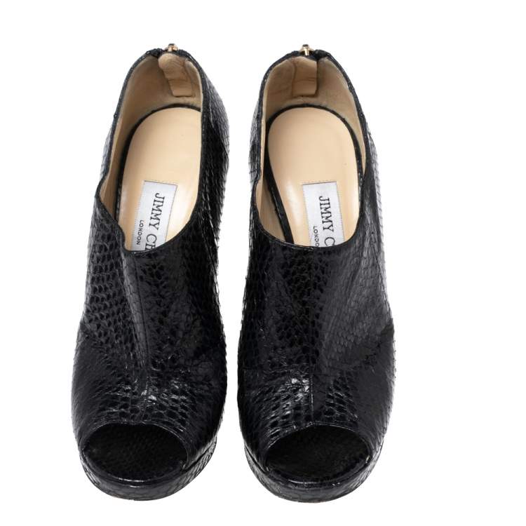 Pre Owned Jimmy Choo Black Python Leather Peep-Toe Ankle Booties Size 38.5