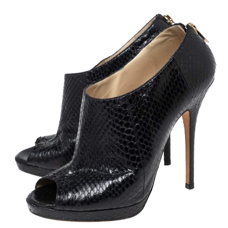Pre Owned Jimmy Choo Black Python Leather Peep-Toe Ankle Booties Size 38.5