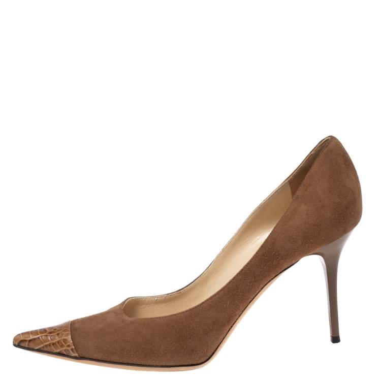Pre Owned Jimmy Choo Brown Suede and Croc Embossed Leather Love Pumps Size 41