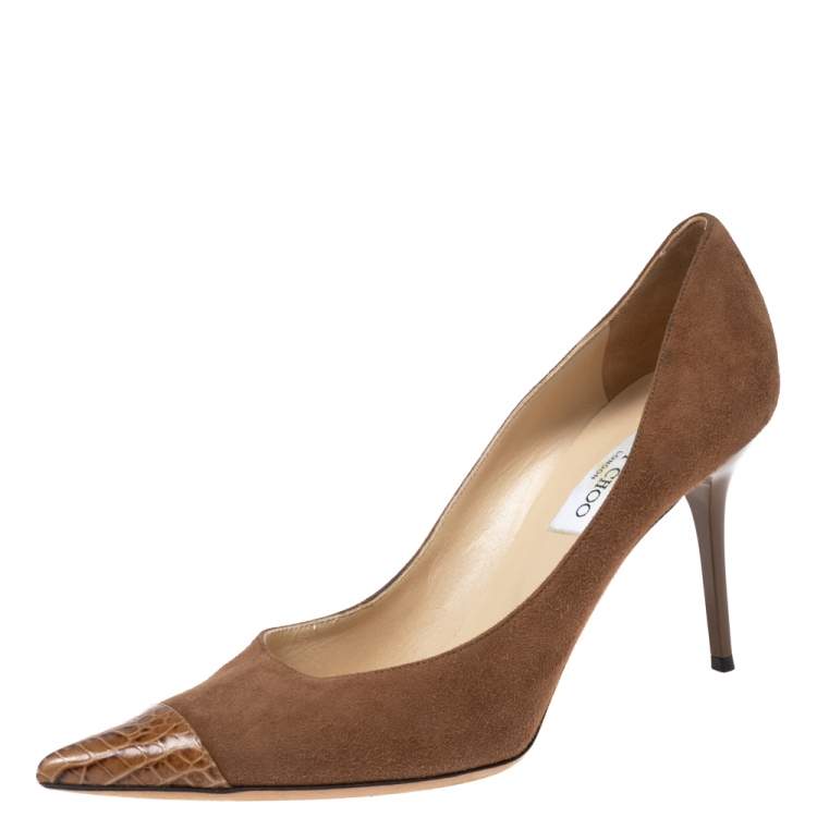 Pre Owned Jimmy Choo Brown Suede and Croc Embossed Leather Love Pumps Size 41