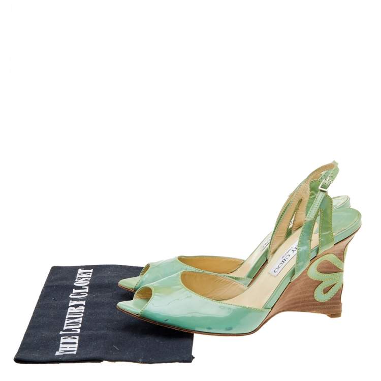 Pre Owned Jimmy Choo Green Patent Leather Slingback Wedge Sandals Size 40
