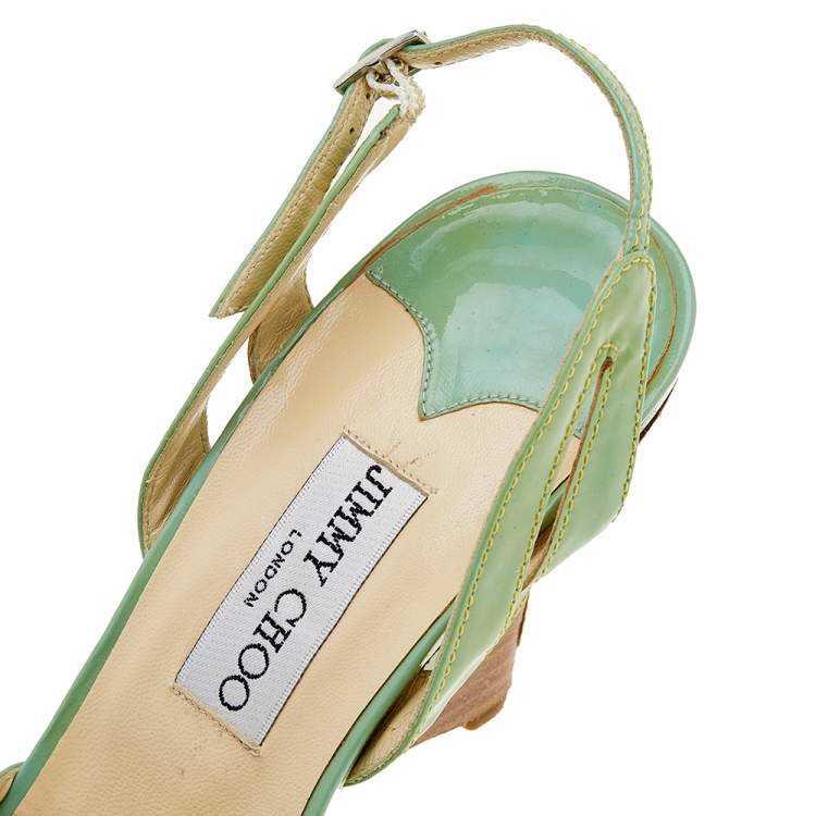 Pre Owned Jimmy Choo Green Patent Leather Slingback Wedge Sandals Size 40