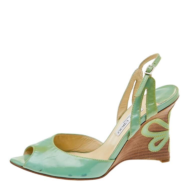 Pre Owned Jimmy Choo Green Patent Leather Slingback Wedge Sandals Size 40