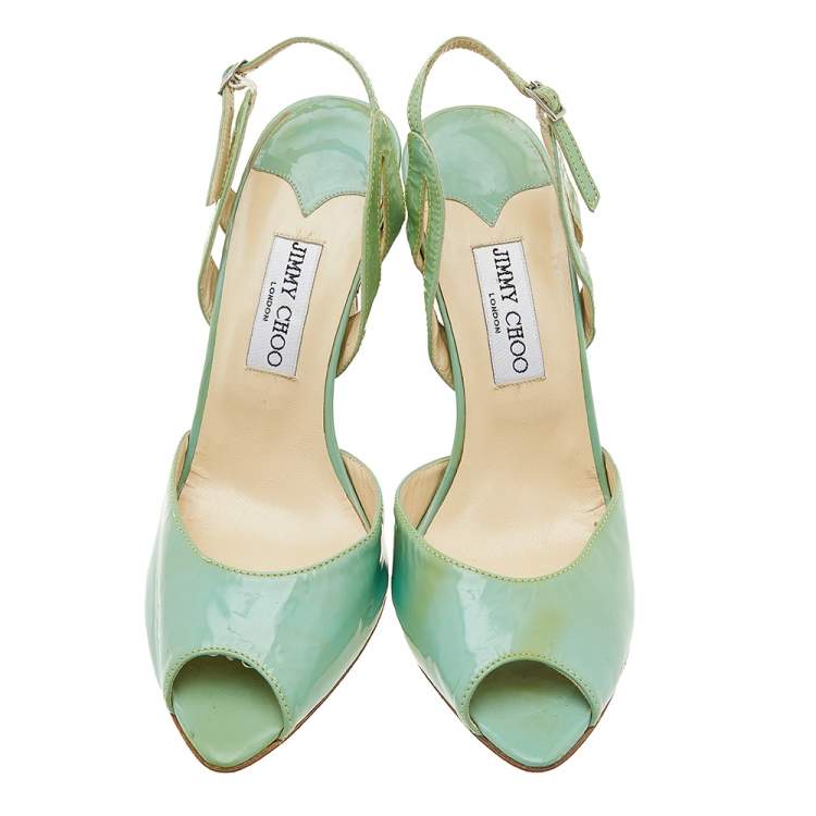 Pre Owned Jimmy Choo Green Patent Leather Slingback Wedge Sandals Size 40
