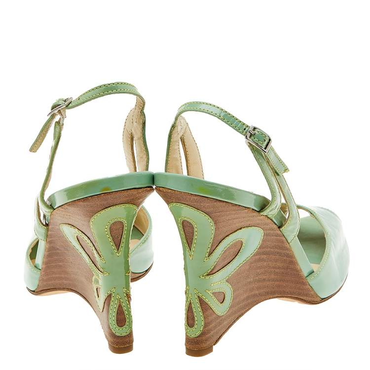 Pre Owned Jimmy Choo Green Patent Leather Slingback Wedge Sandals Size 40