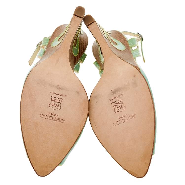 Pre Owned Jimmy Choo Green Patent Leather Slingback Wedge Sandals Size 40
